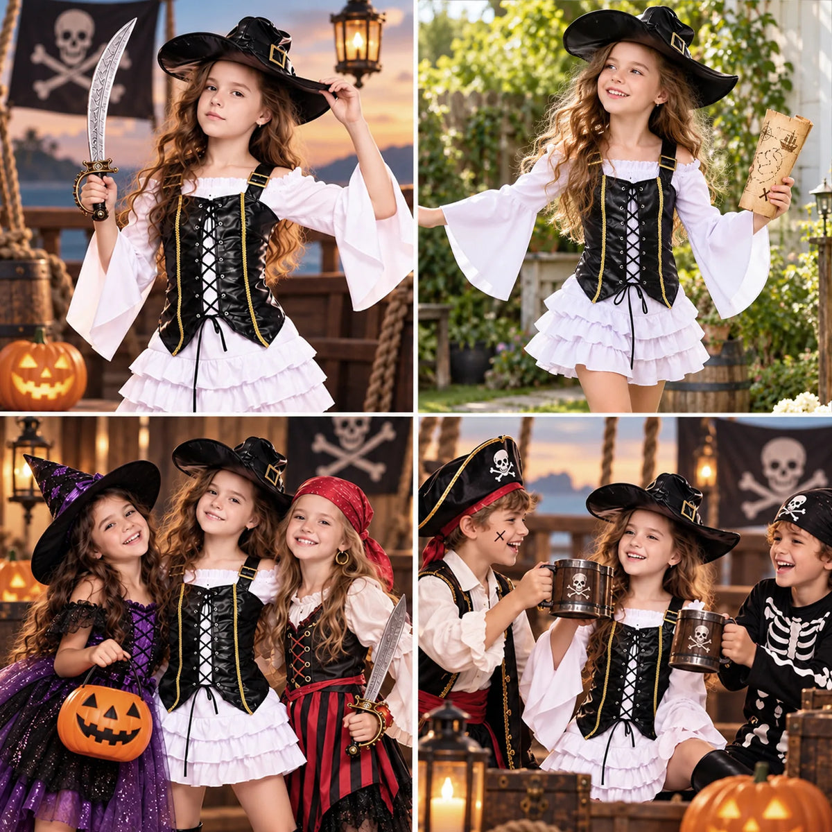Kids' pirate costume shown across dress-up settings with multiple themed styling examples shown together
