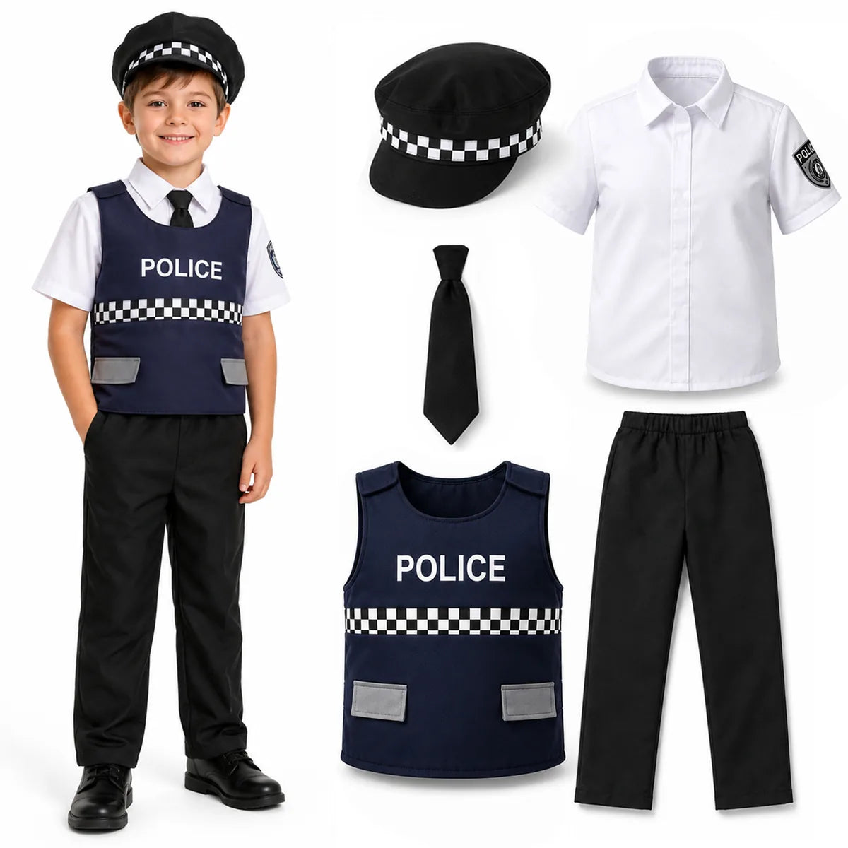 Kids navy police officer costume pants set with shirt vest tie and hat