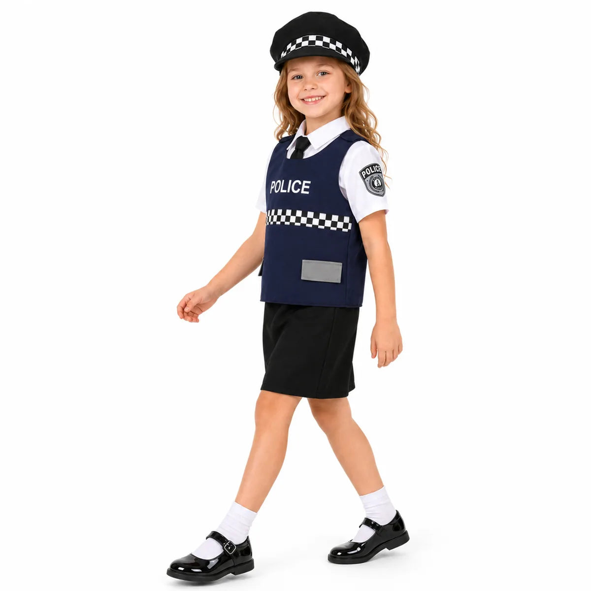 Child wearing navy police costume skirt set