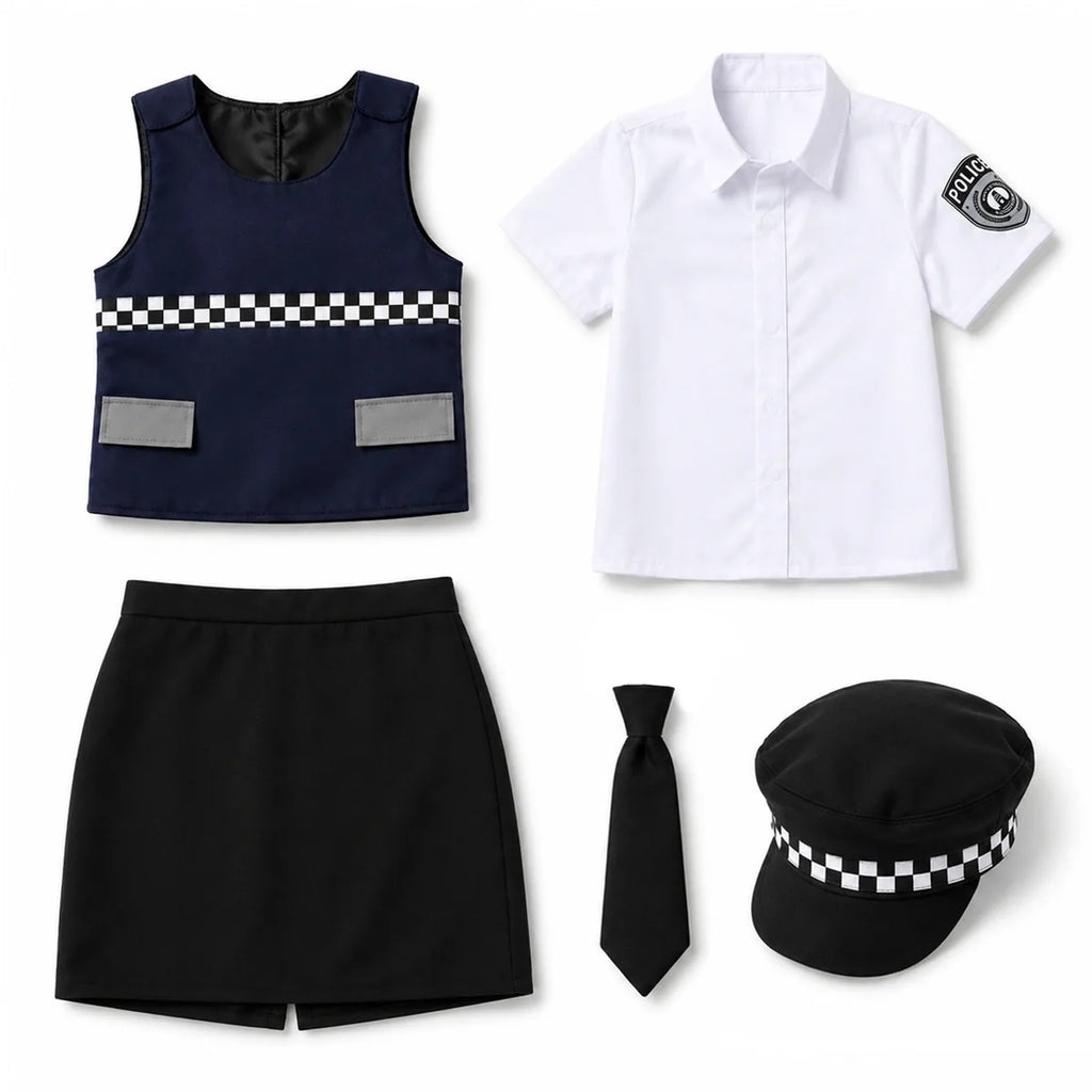 Five-piece kids police costume skirt shirt vest tie and hat