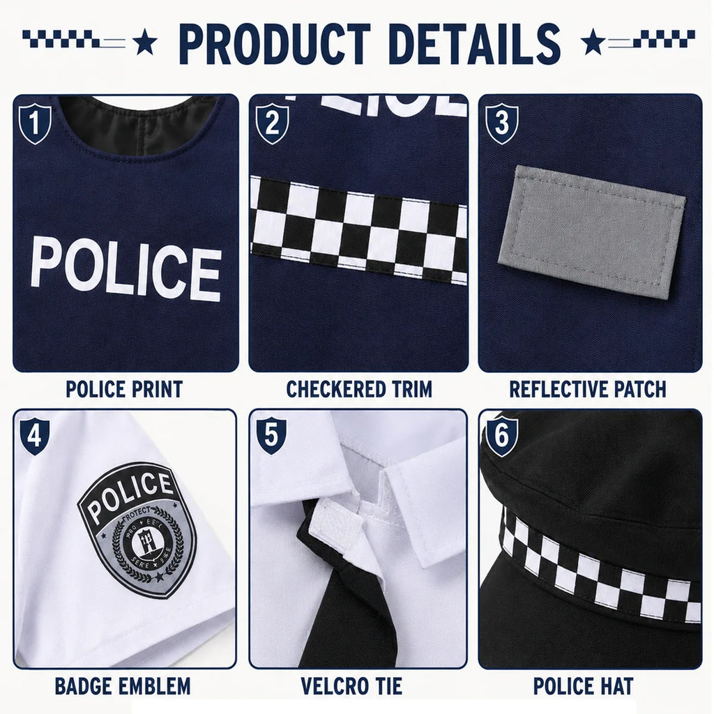 Police costume vest print checkered trim patch shirt tie and hat details