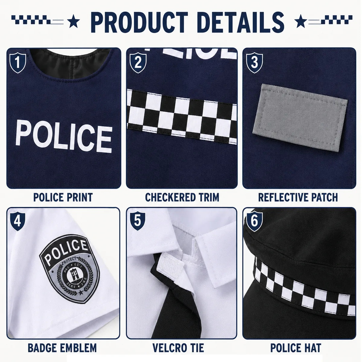 Police costume vest print checkered trim patch shirt tie and hat details