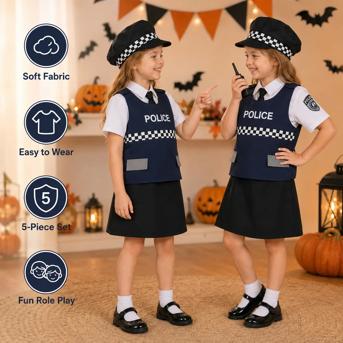 Kids police costume skirt set soft fabric and role play features