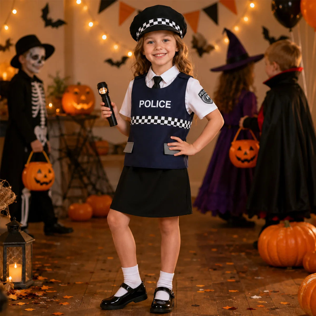 Kids police officer skirt costume in Halloween scene