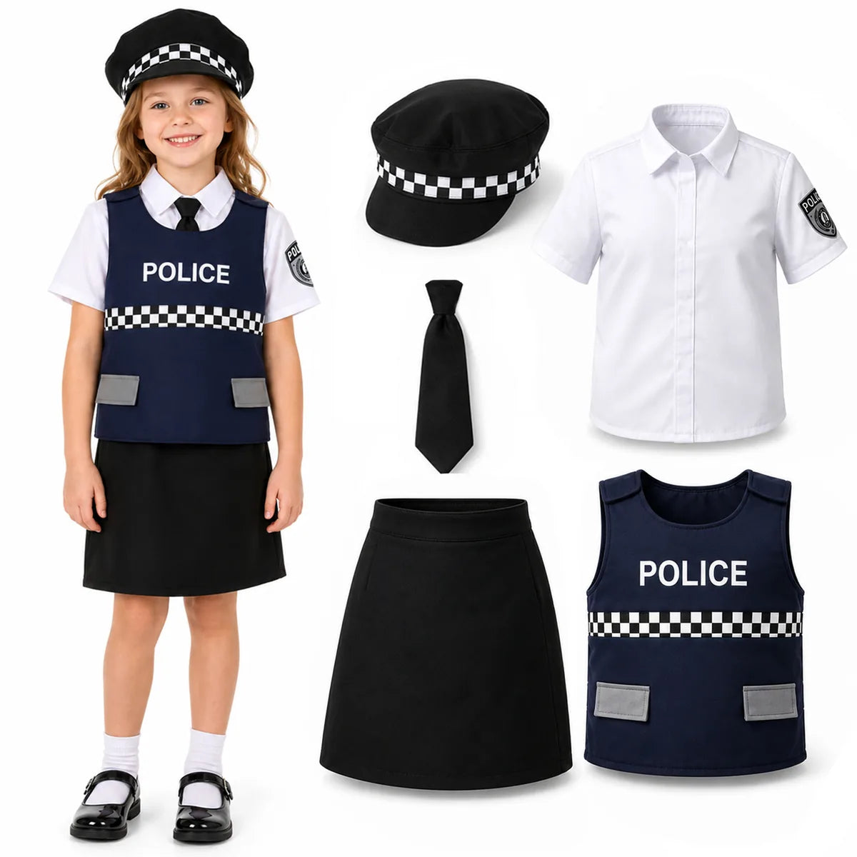 Kids navy police officer costume skirt set with shirt vest tie and hat