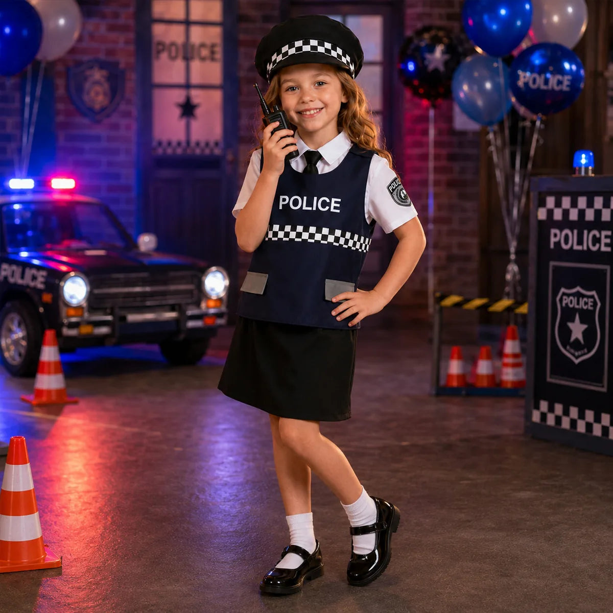 Kids navy police skirt costume in police station scene
