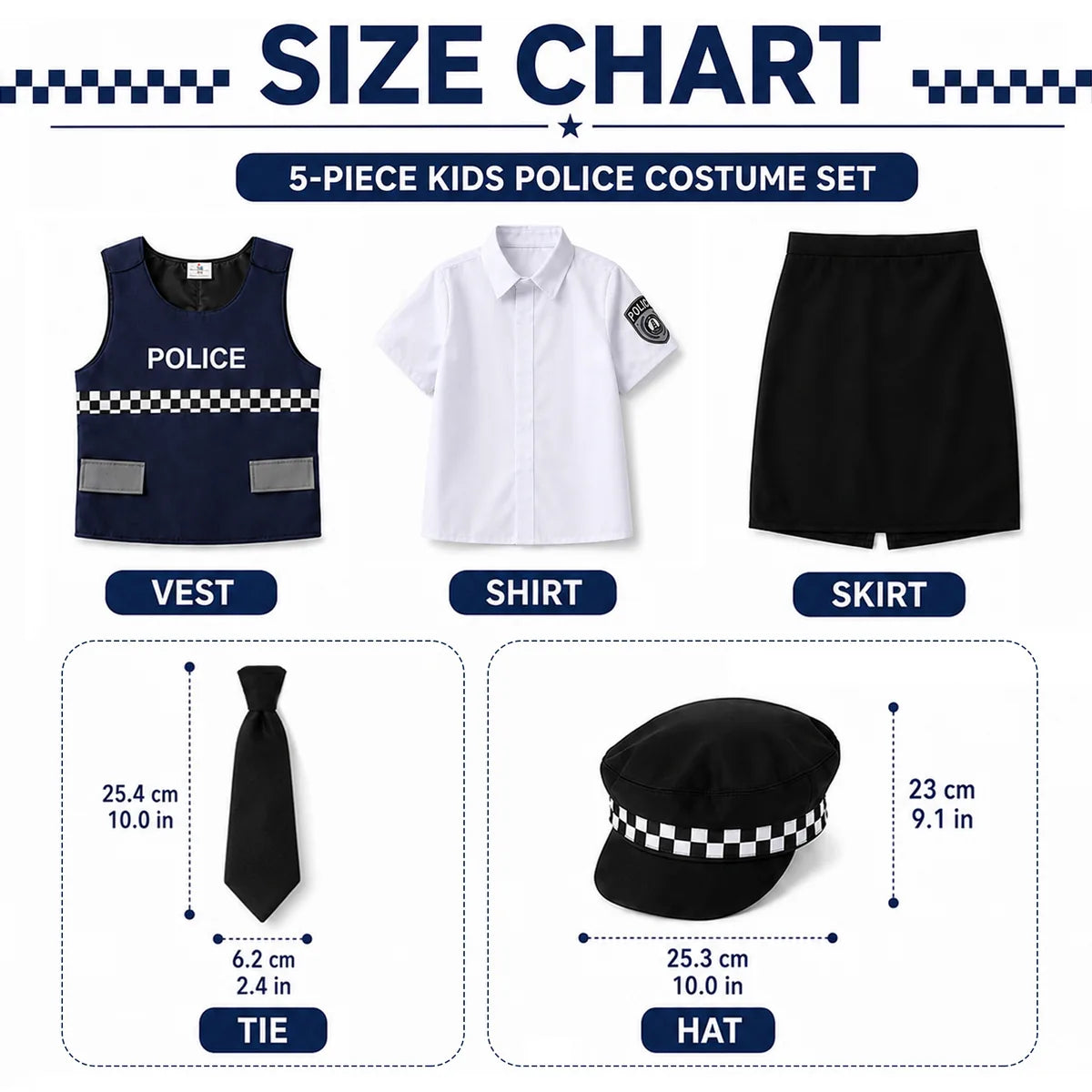 Kids police skirt costume tie and hat size guide