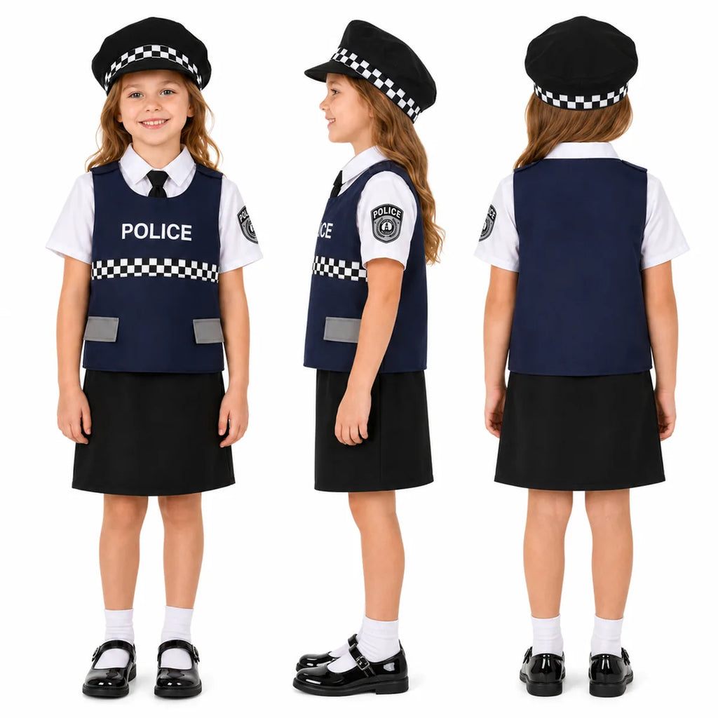 Kids police officer skirt costume front side and back views