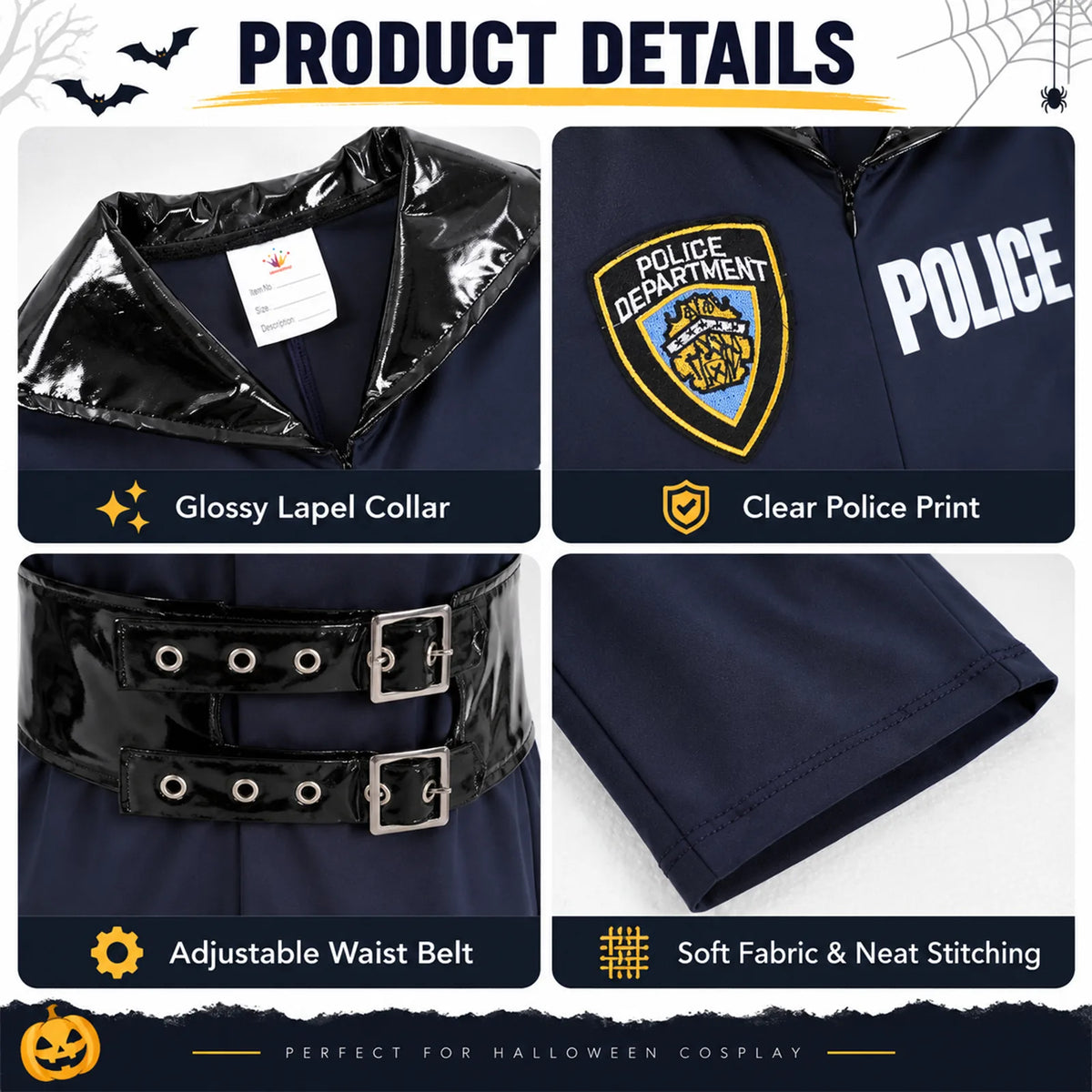 Close views of the police costume collar, printed patches and belt