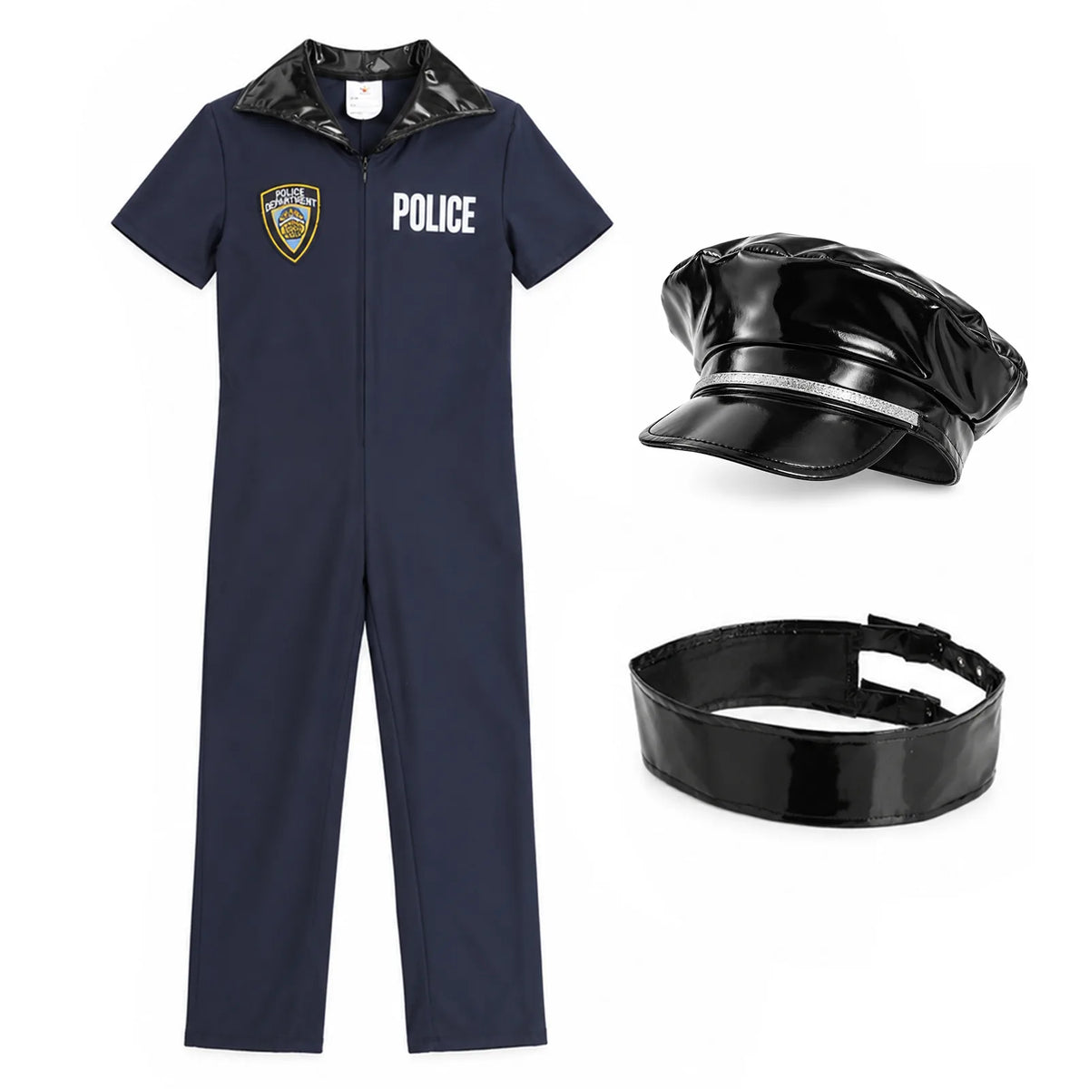Kids' police officer jumpsuit, hat and belt arranged together