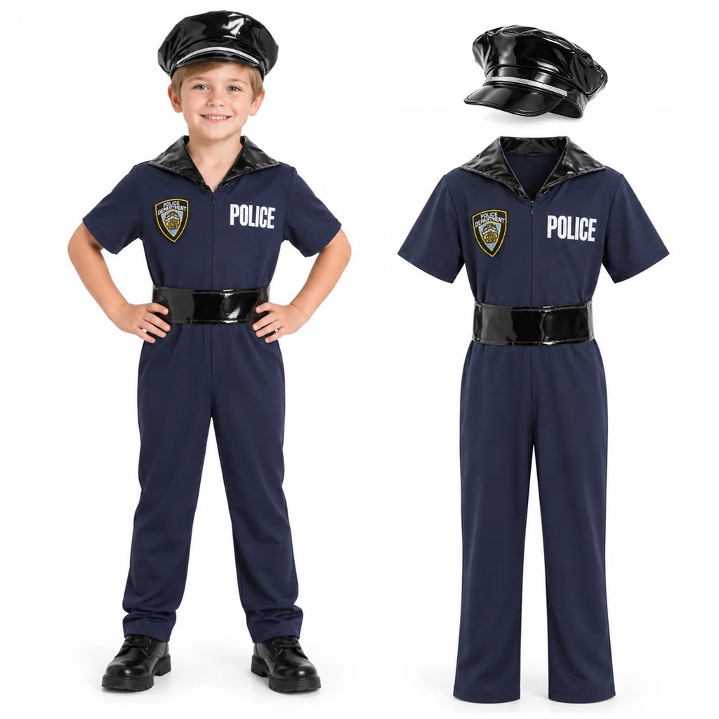 Front and back views of the kids' navy police officer costume jumpsuit