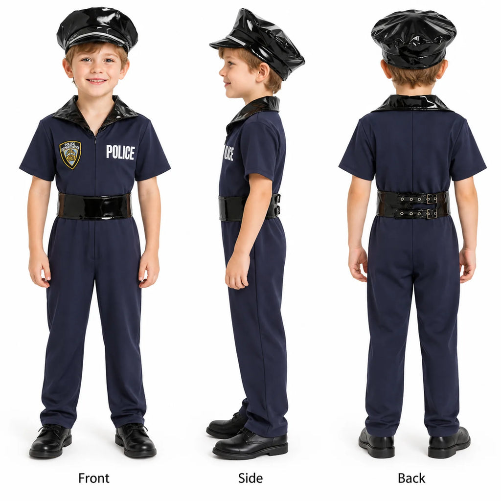 Front, side and back views of the kids' police officer costume