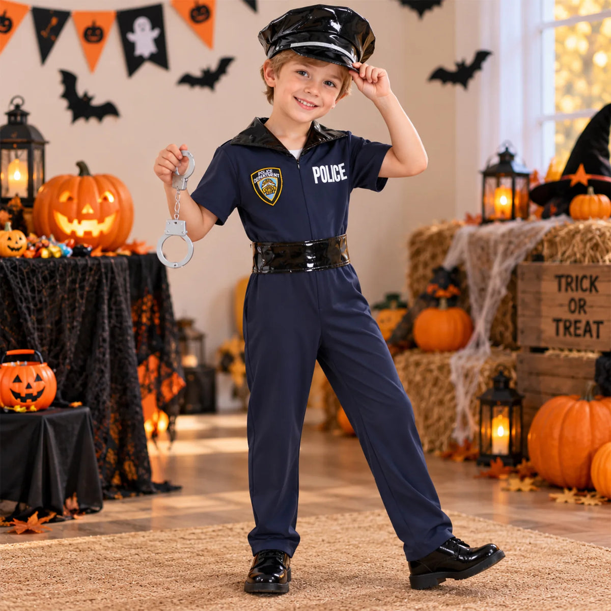 Kids' police officer costume styled in a Halloween scene
