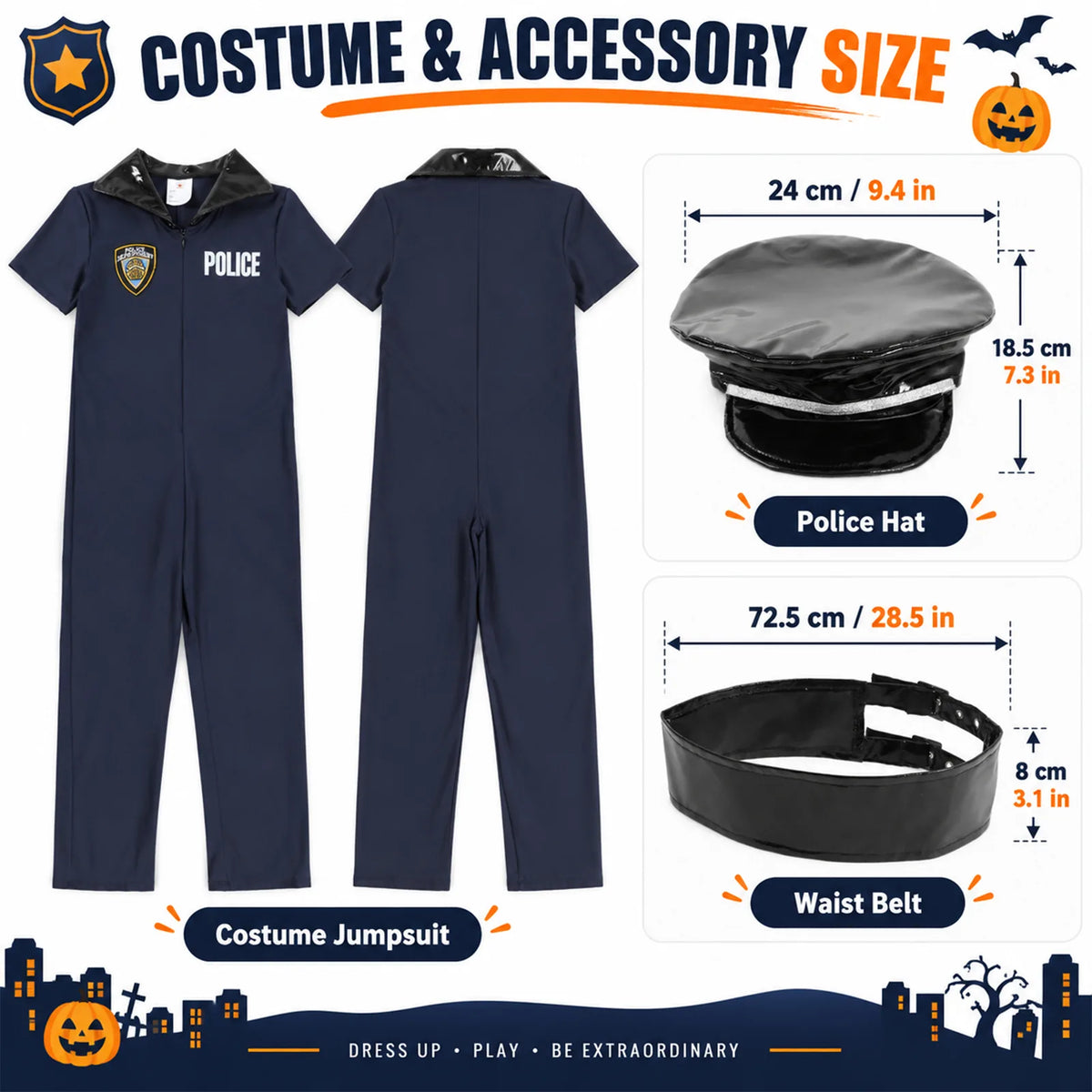 Hat and belt measurements shown for the kids' police officer costume