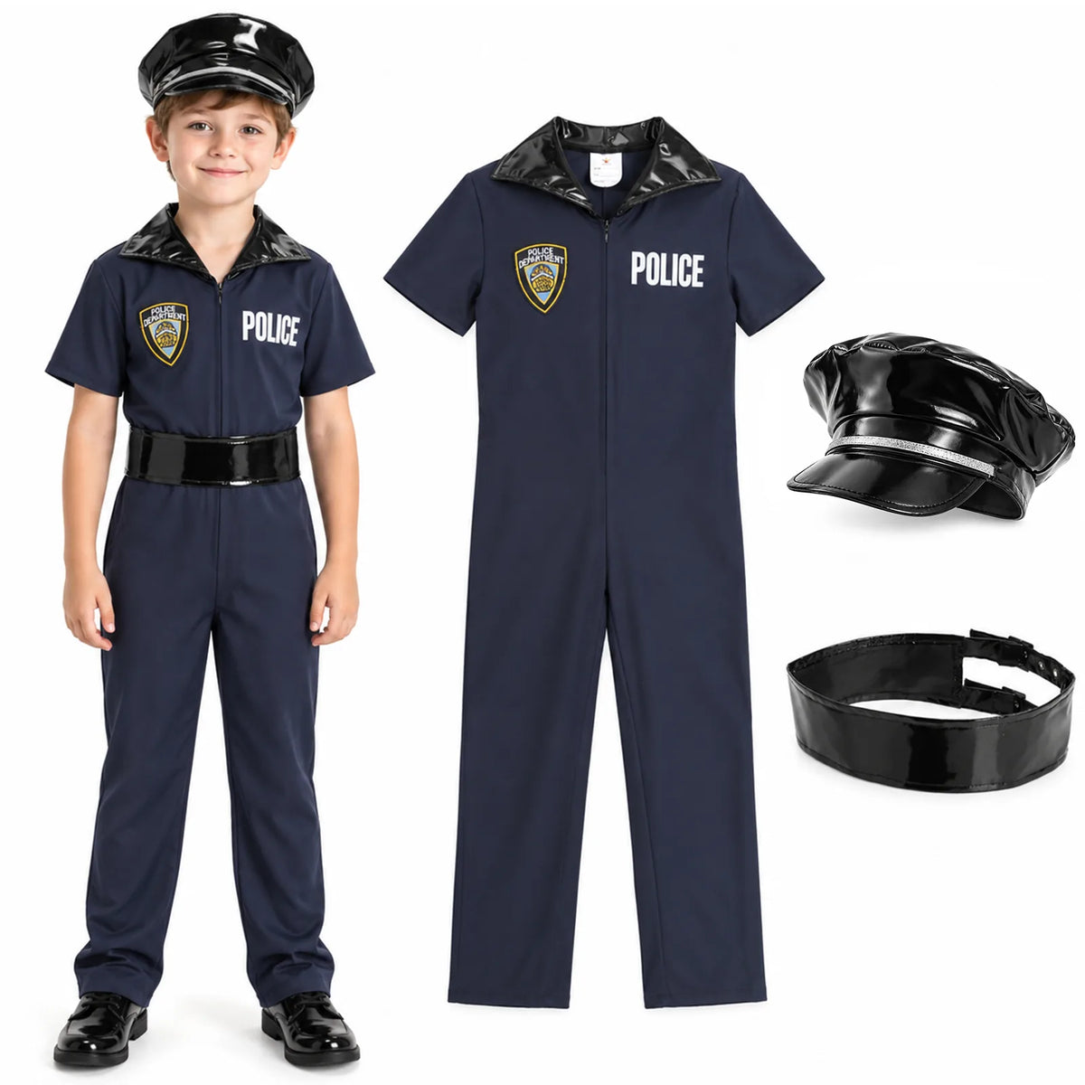 Kids' navy police officer costume jumpsuit with matching hat and black belt