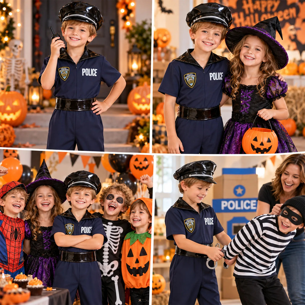 Police officer costume shown across several dress-up occasions