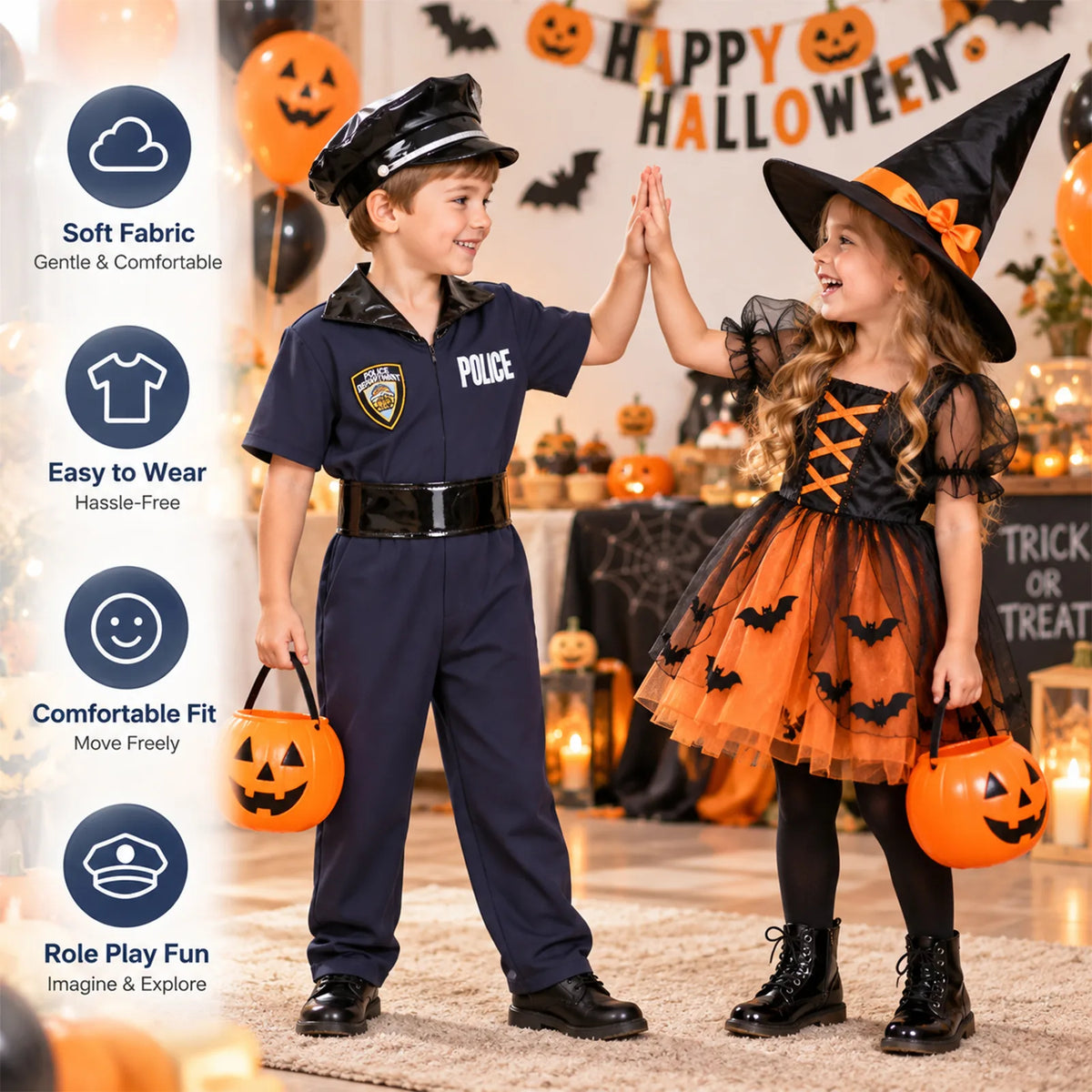 Kids' police officer costume shown in a costume party scene