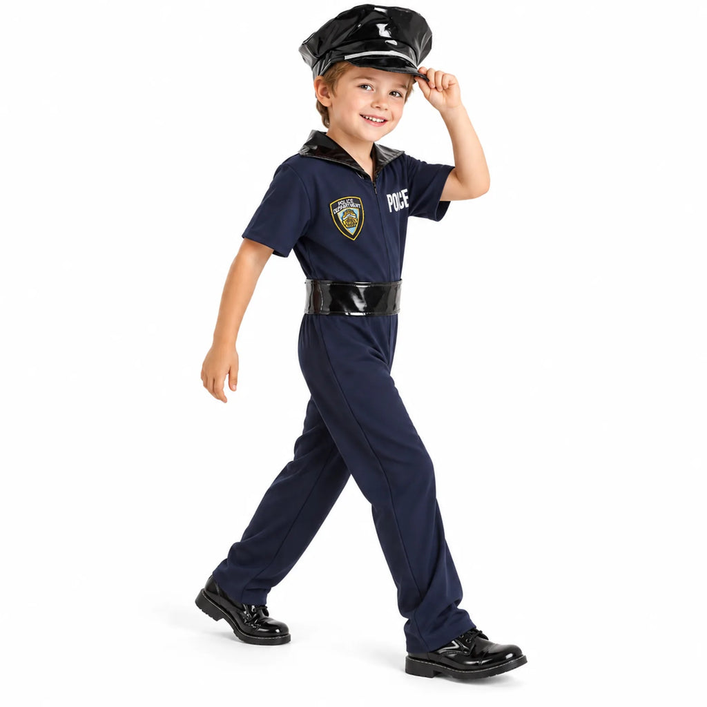 Kids' navy police officer costume shown in a walking view