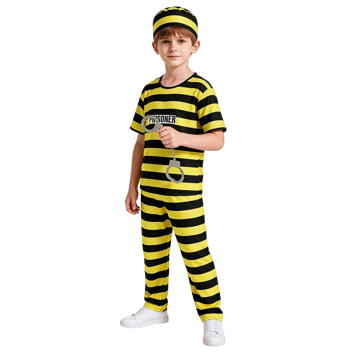 Child model wearing the black and yellow striped prisoner costume shown from the front view.