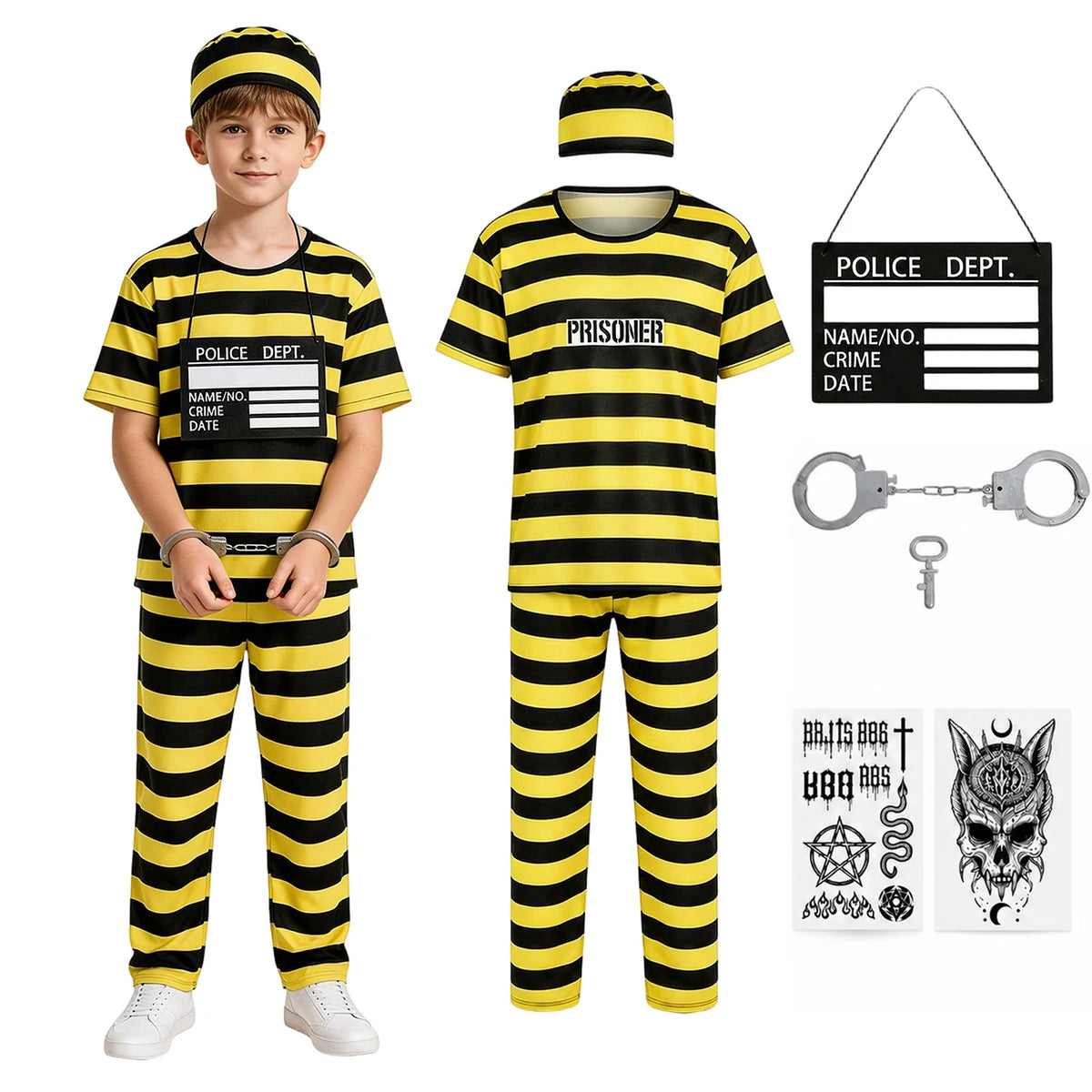 Kids black and yellow striped prisoner costume set shown with hat, sign, handcuffs and tattoo sheets.