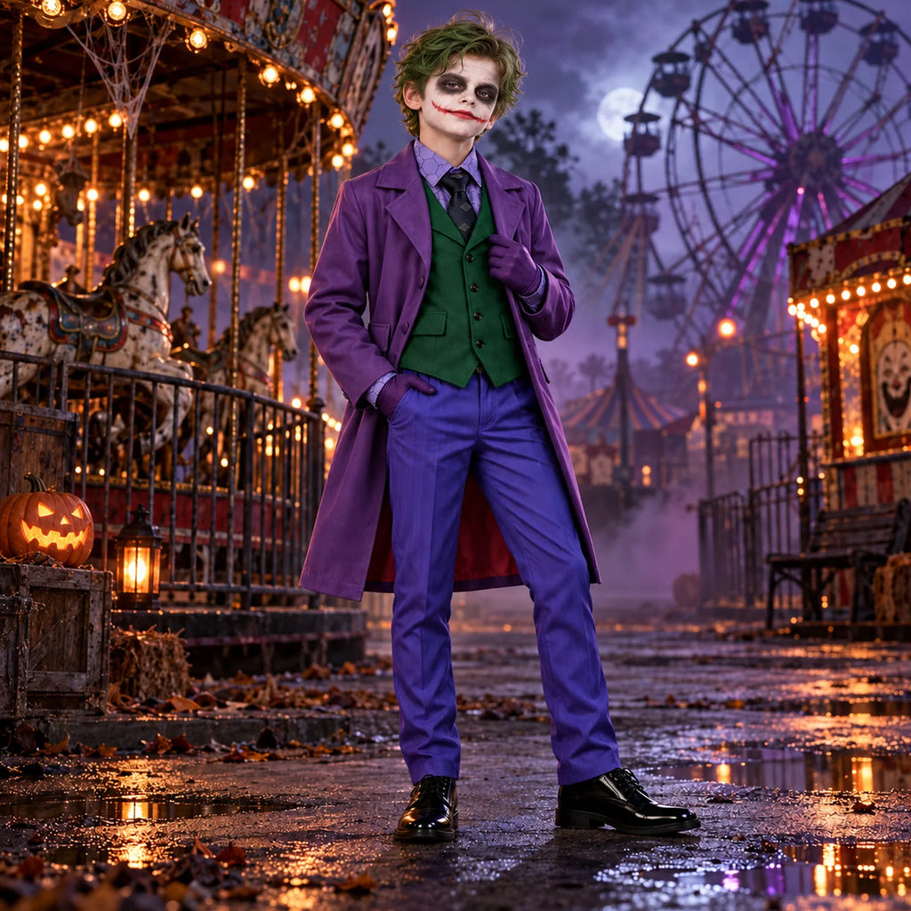 A child wears the purple suit costume with gloves near an illuminated carousel and Ferris wheel.