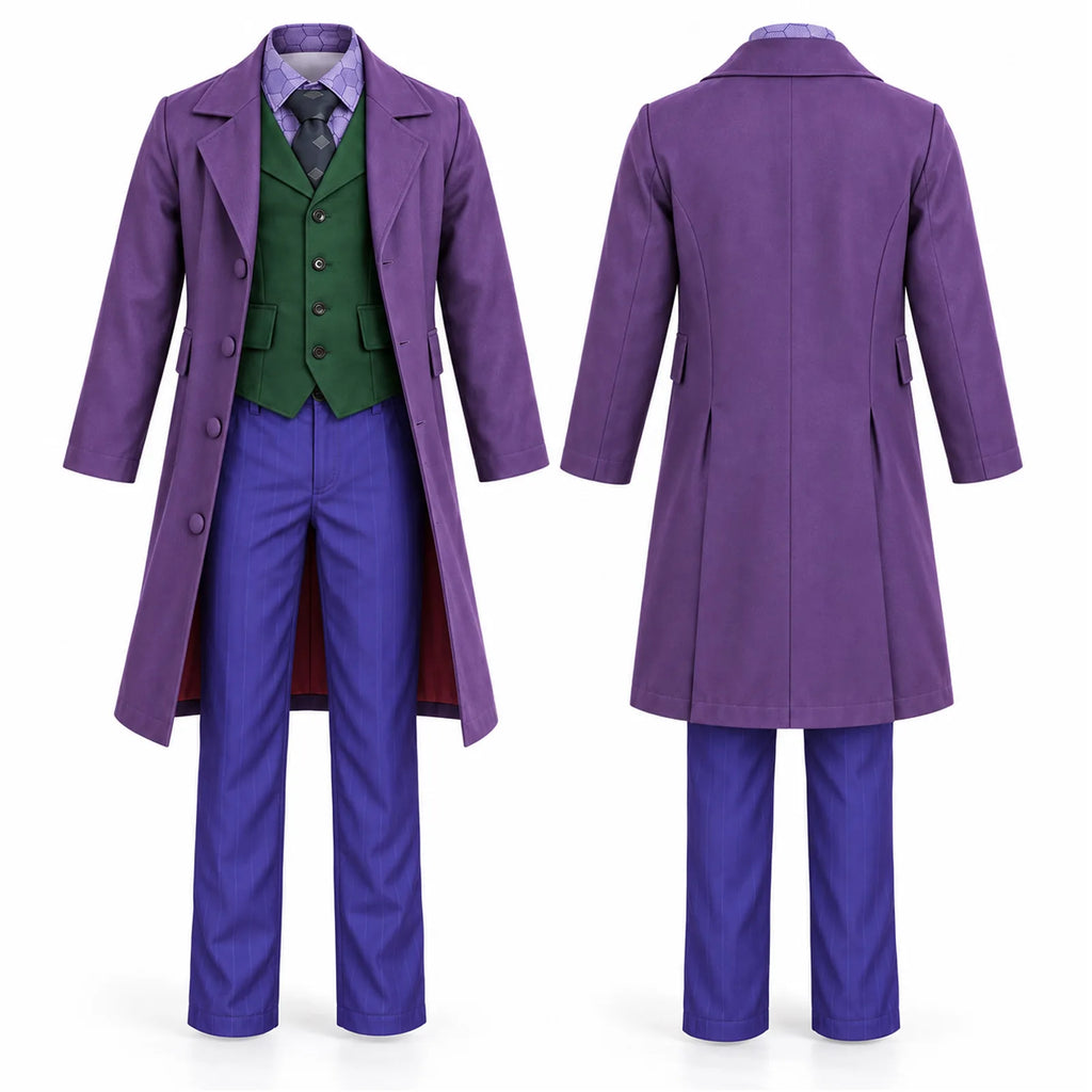 Front and back views show the purple suit costume with a long coat and pinstripe pants.