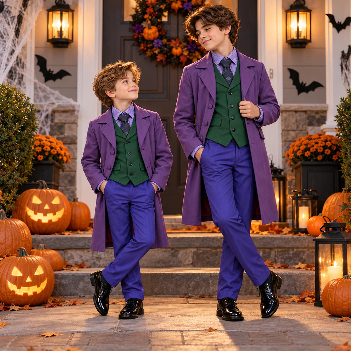 Two children wear purple suit costumes with green vests beside pumpkins on a decorated Halloween porch.