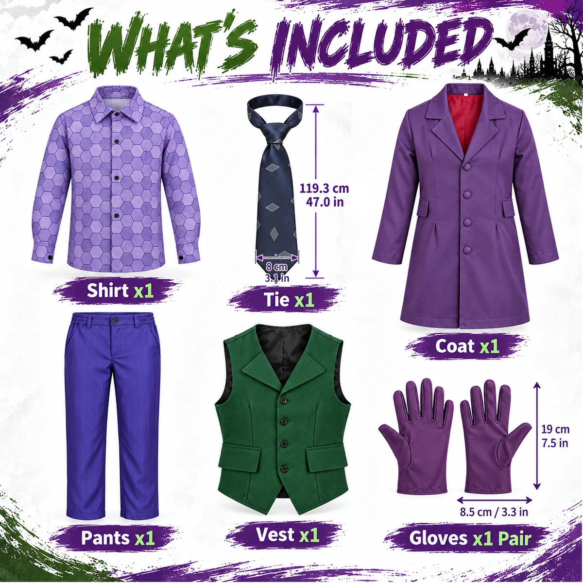 The six-piece purple suit costume includes a coat, shirt, vest, pants, tie and gloves, with accessory measurements shown.