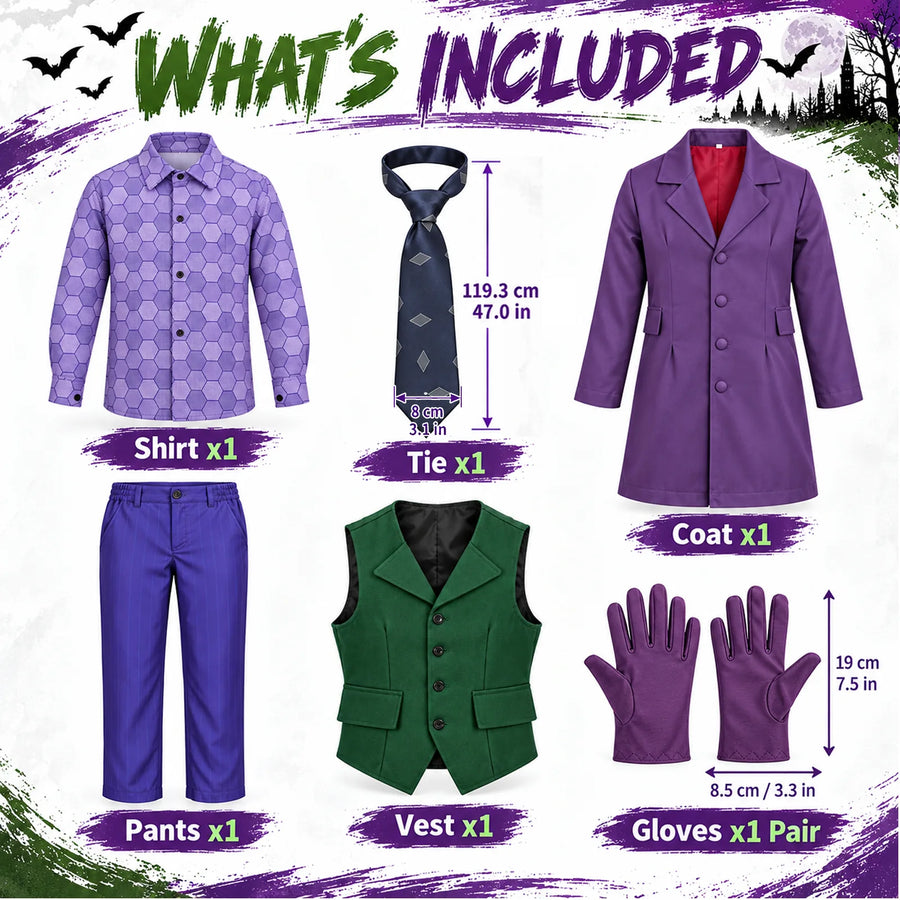 The six-piece purple suit costume includes a coat, shirt, vest, pants, tie and gloves, with accessory measurements shown.