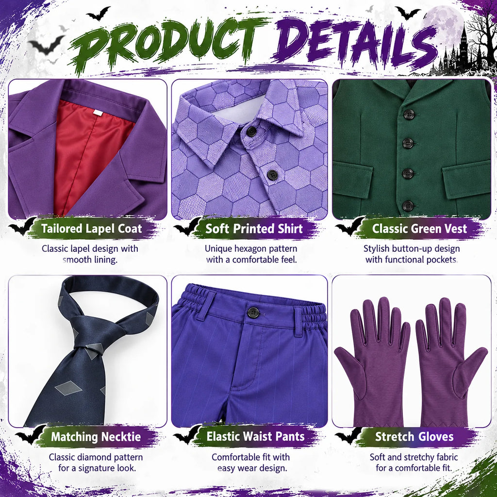 Close-ups of the purple suit costume show coat lining, patterned shirt, buttoned vest, elastic waistband, tie and gloves.