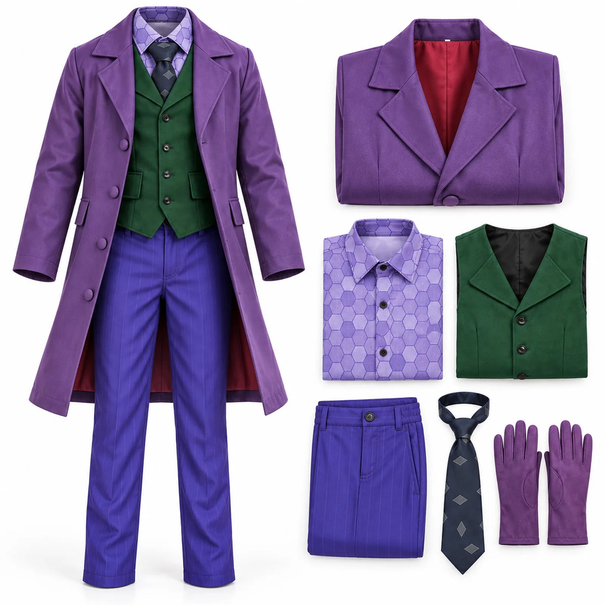 The layered purple suit costume is displayed alongside its folded garments, patterned tie and matching gloves.