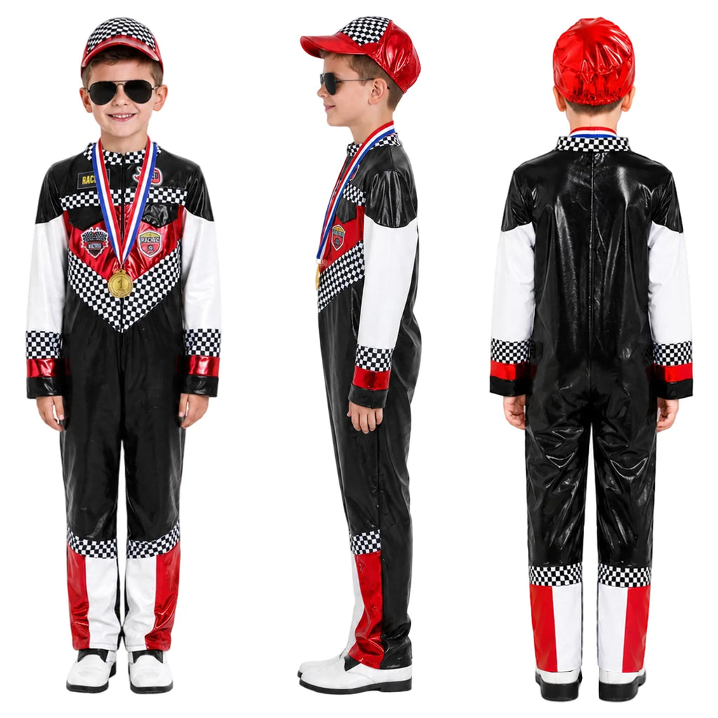 The racing costume is shown from the front, side and back on a child.