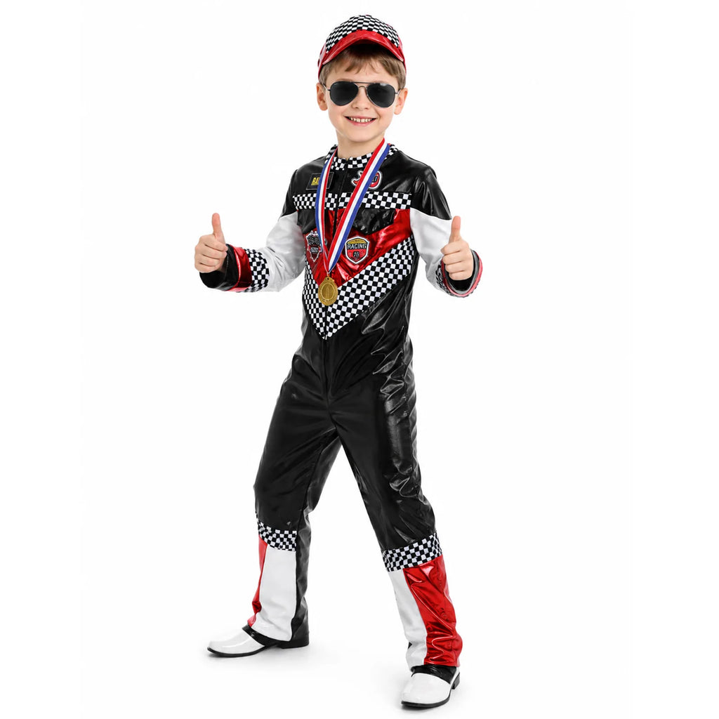 A child gives two thumbs up while wearing the complete racing costume.
