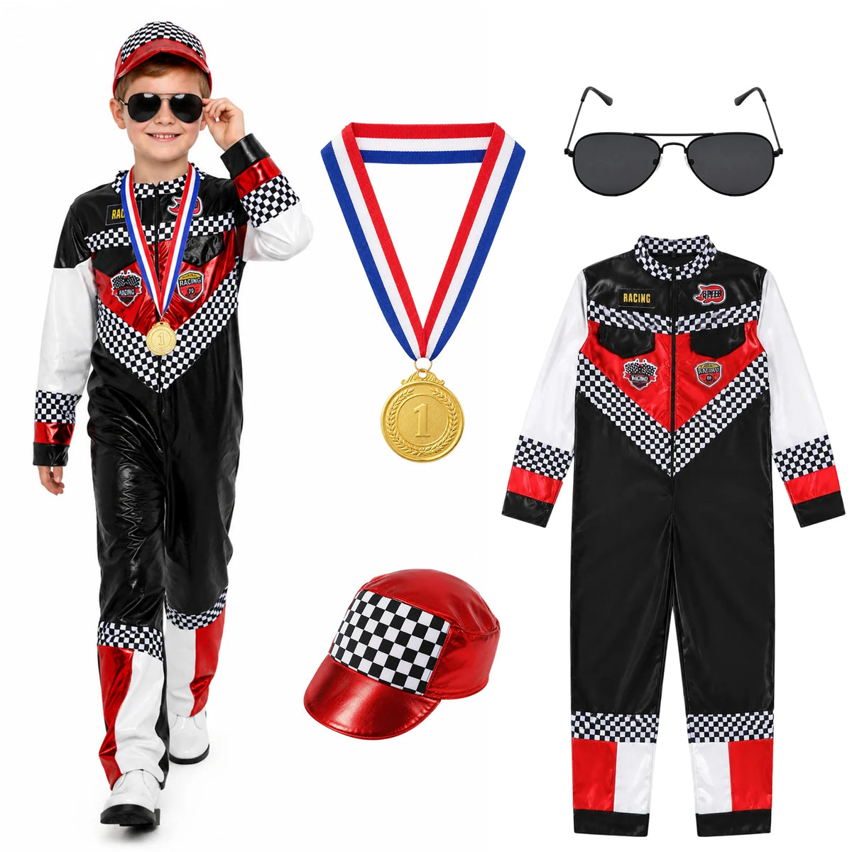 A child wears the racing jumpsuit beside its cap, sunglasses and medal.