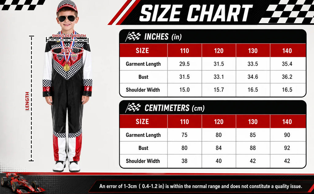 The racing costume size chart lists length, bust and shoulder measurements for four sizes.