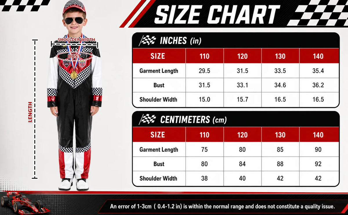 The racing costume size chart lists length, bust and shoulder measurements for four sizes.