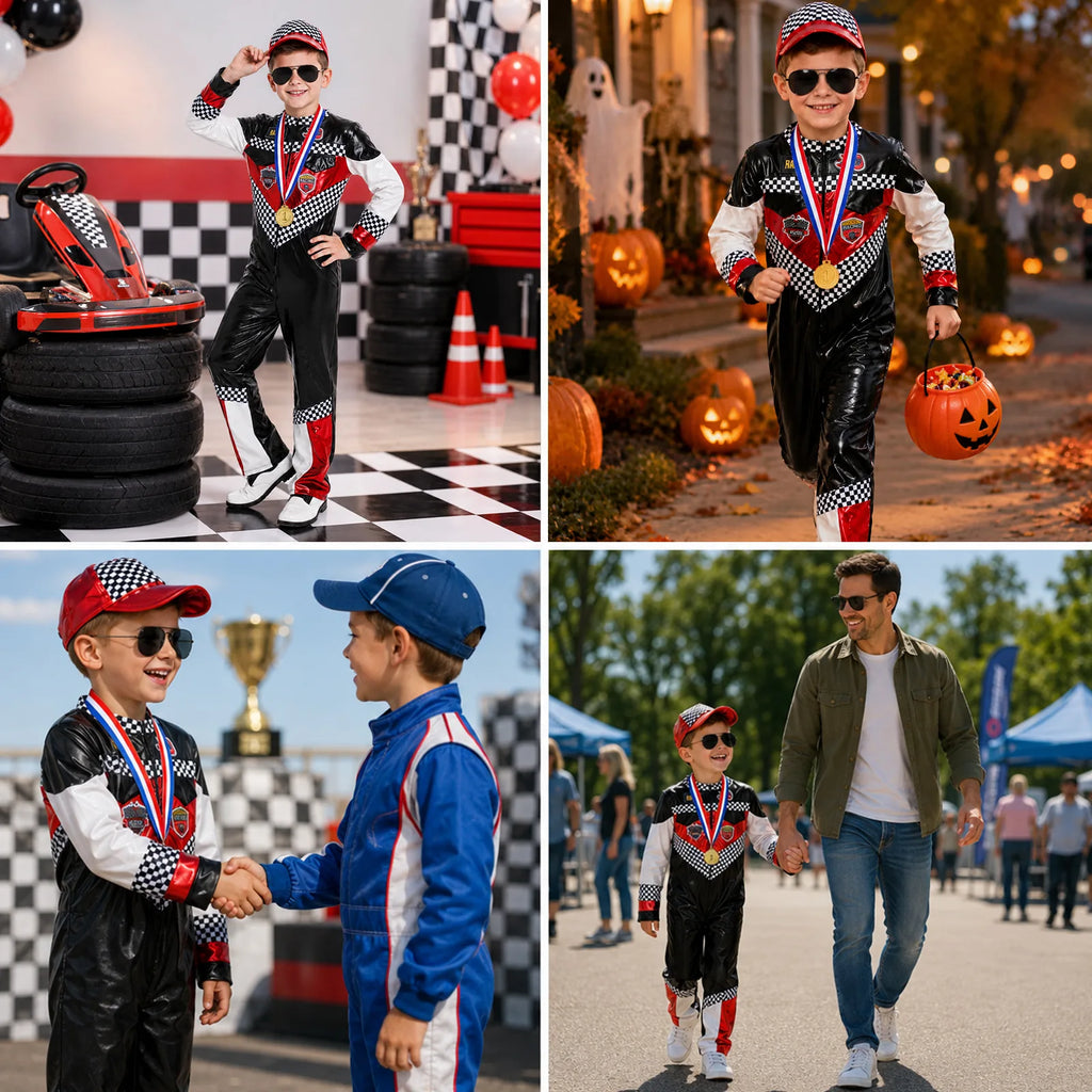 The racing costume appears in a collage of party and outdoor dress-up scenes.