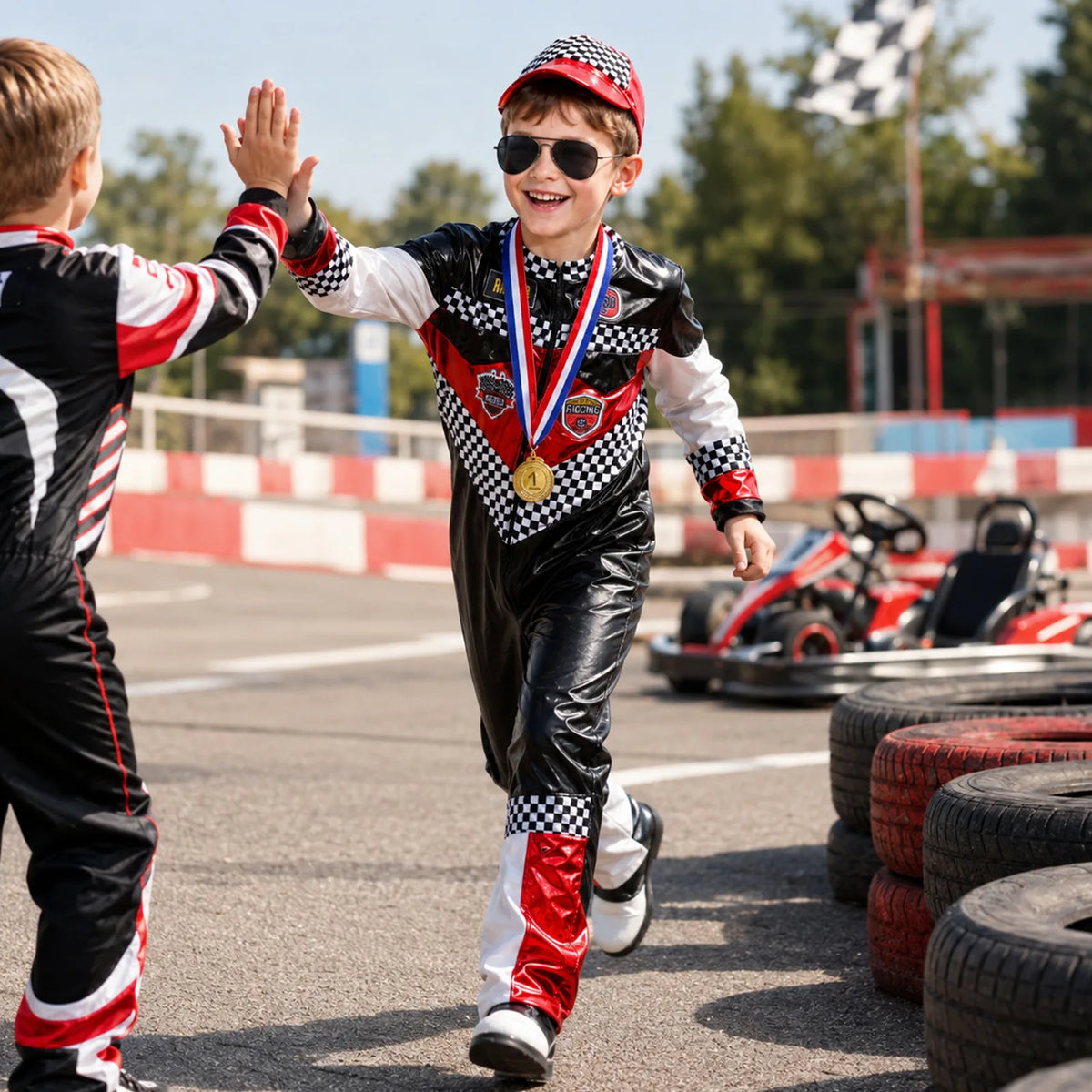 A child in the racing costume raises one hand beside a go-kart track.