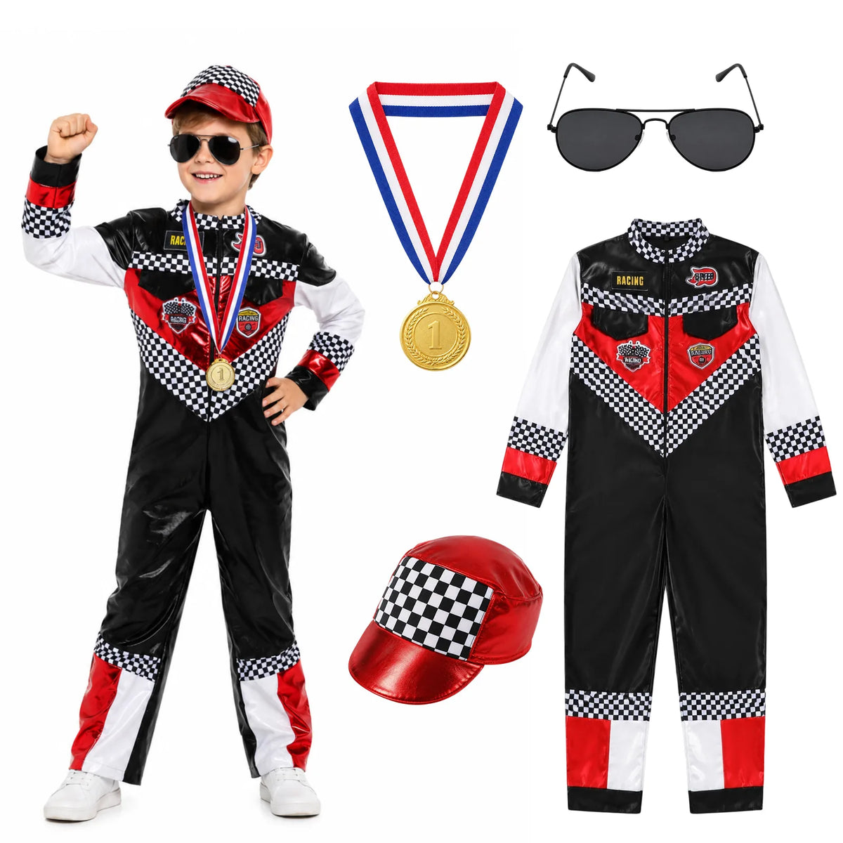 A child poses with one fist raised beside the matching racing costume components.