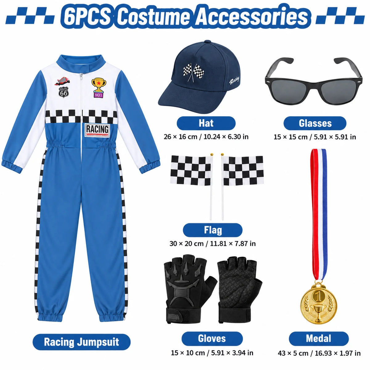 The racing costume accessory chart labels the cap, glasses, flags, gloves and medal with their dimensions.