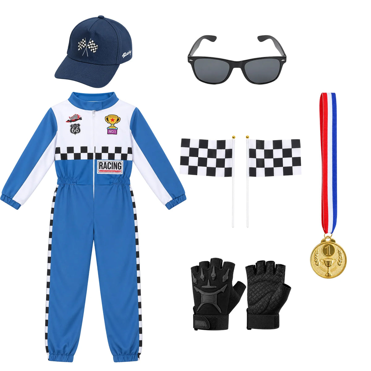 The blue racing costume is laid out with a cap, glasses, gloves, medal and checkered flags.