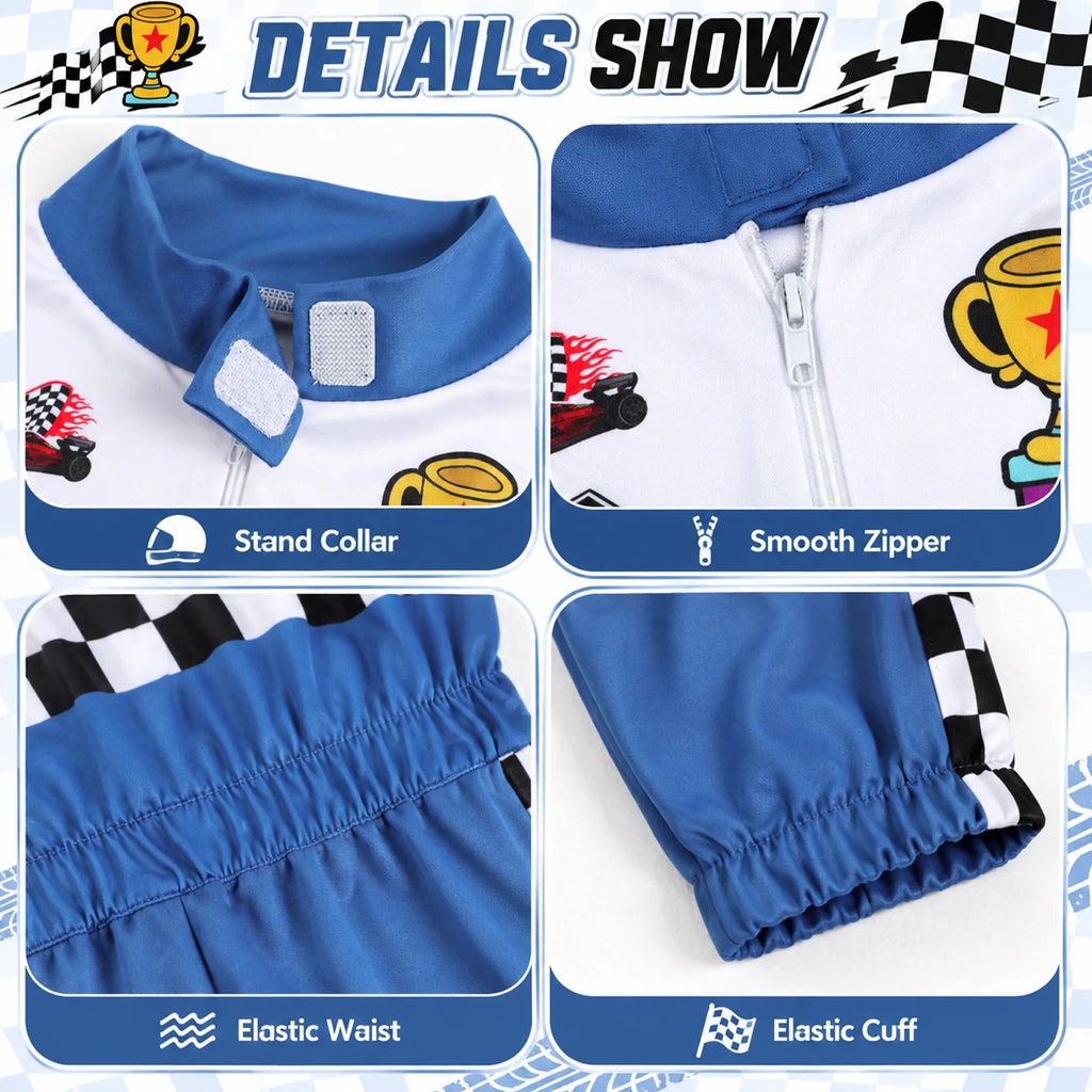 Close-ups show the racing costume's stand collar, front zipper, elastic waist and elastic cuffs.