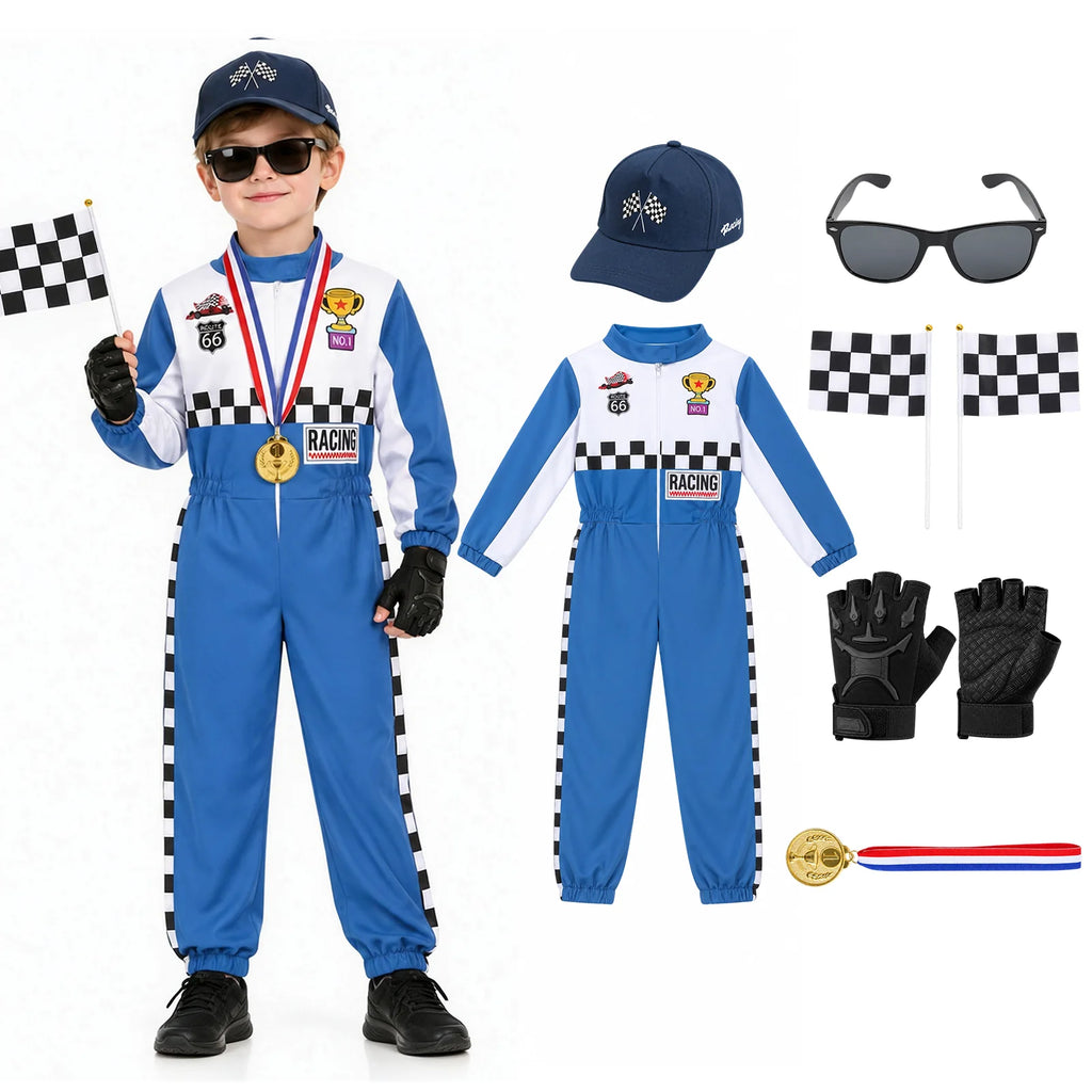 The blue racing costume appears on a child holding a flag alongside the coordinated set contents.