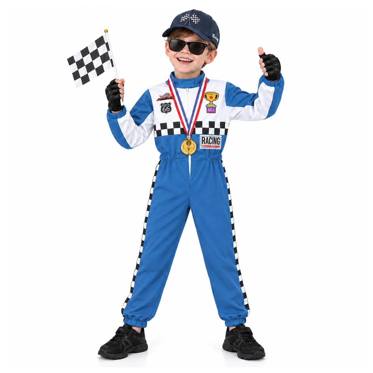 A child raises a checkered flag while wearing the blue and white racing costume and medal.