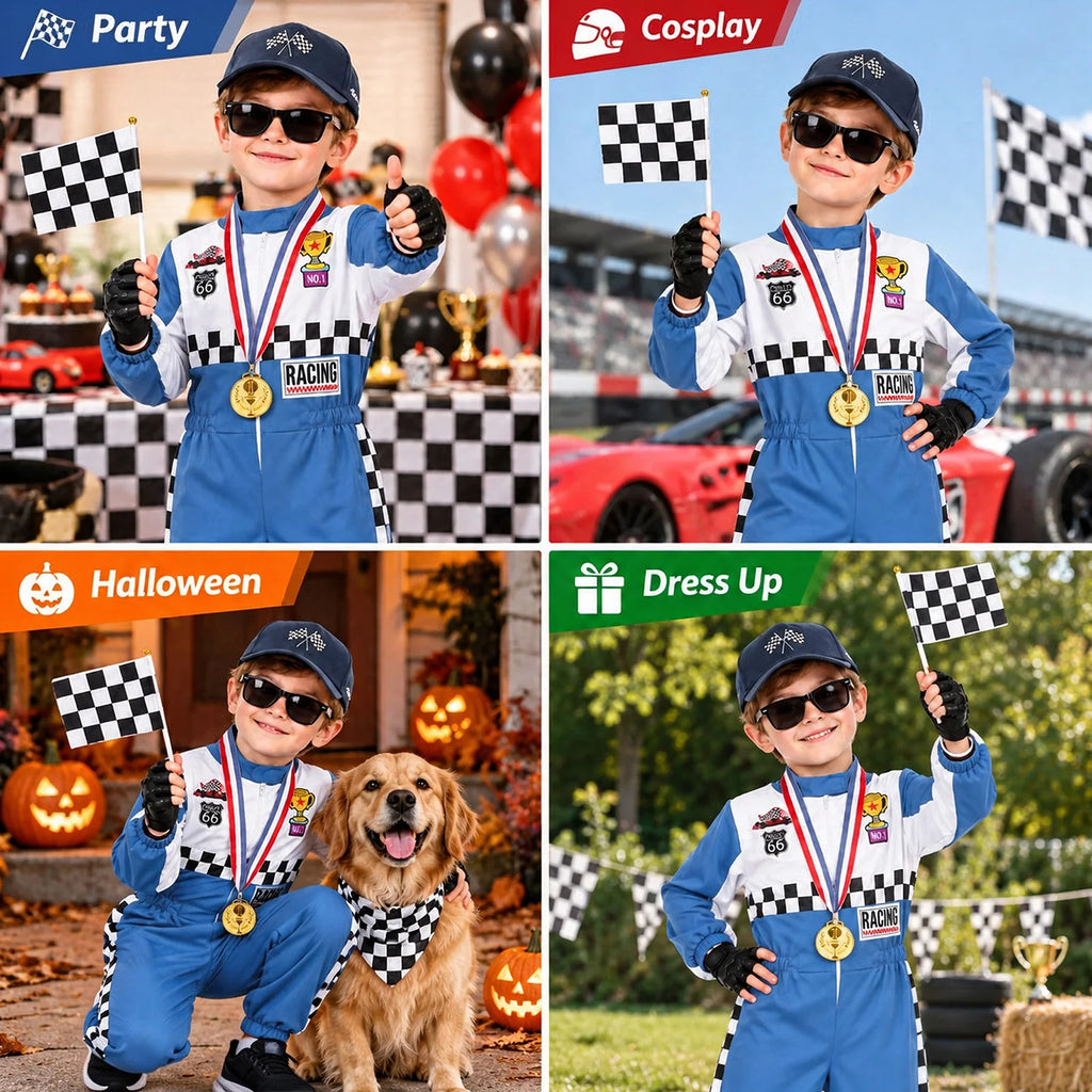 Four scenes show the blue racing costume styled for a party, cosplay, Halloween and dress-up.