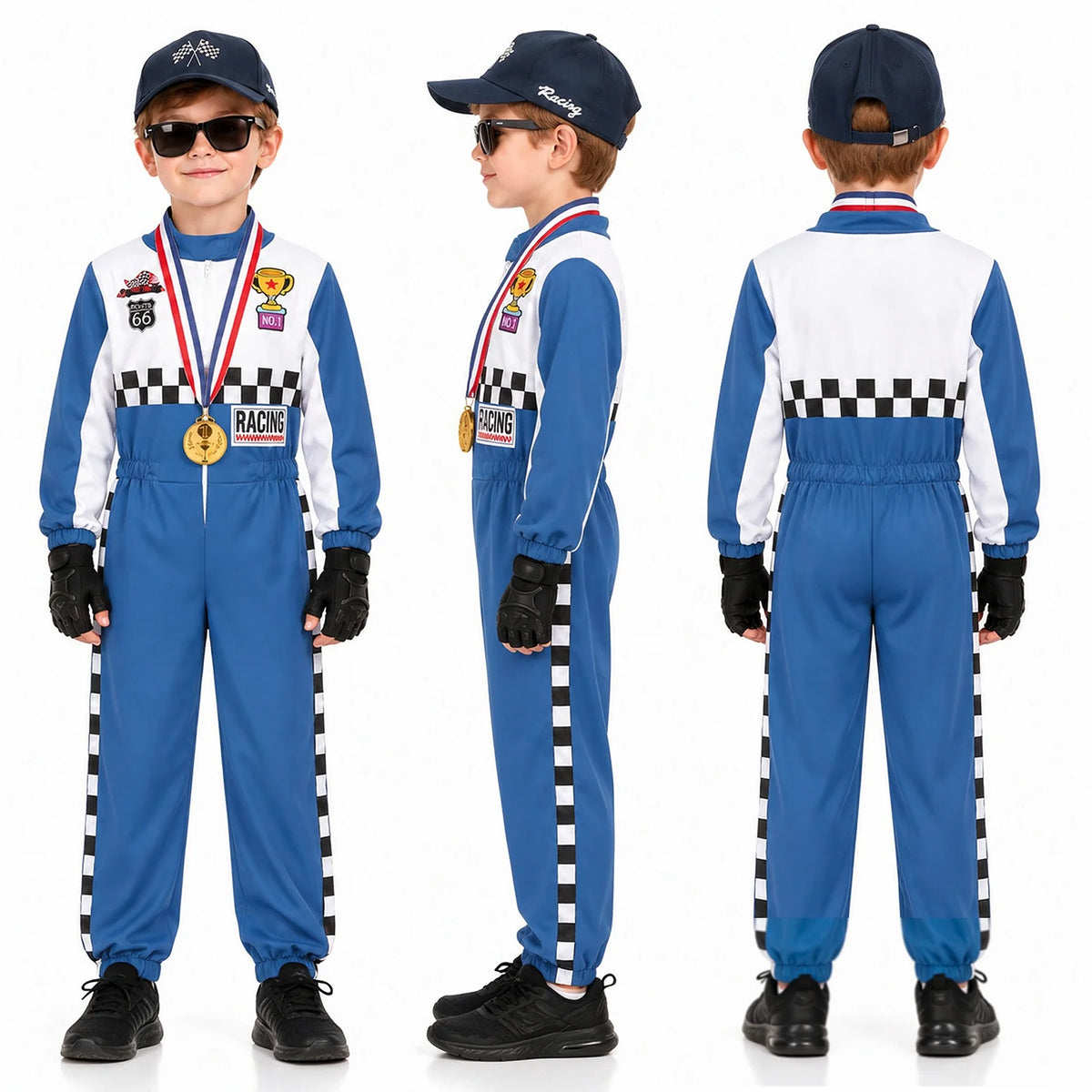 Three views show the blue racing costume from the front, side and back.