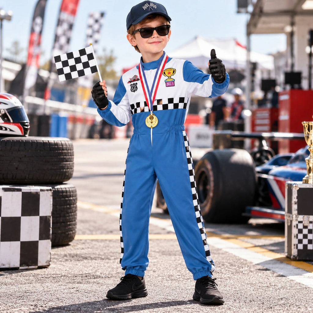 A child wears the blue racing costume and holds a checkered flag beside go-karts and tires.