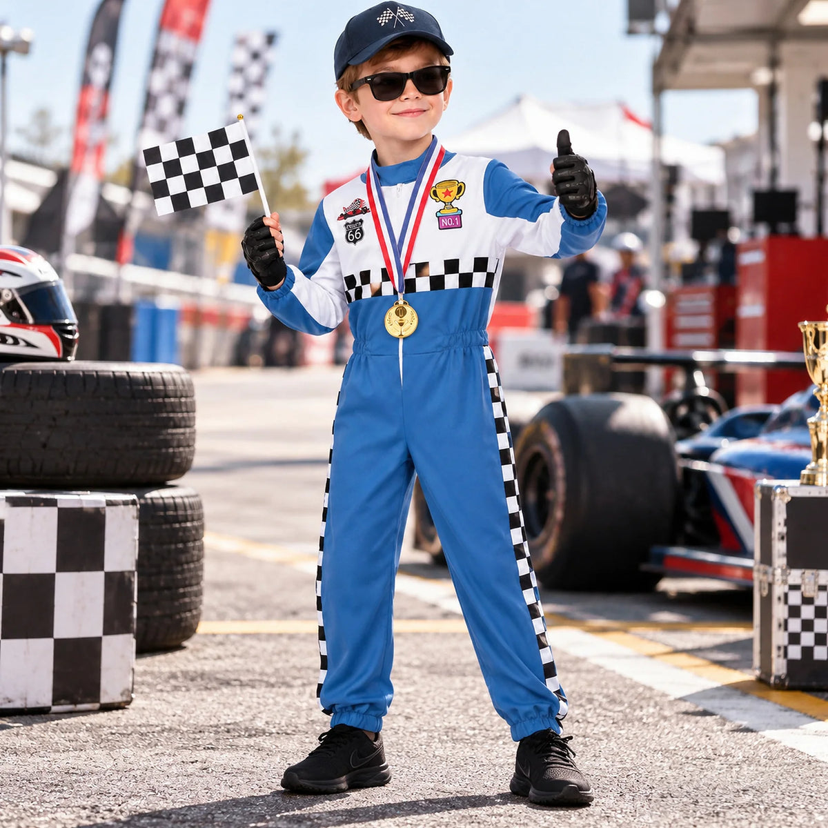A child wears the blue racing costume and holds a checkered flag beside go-karts and tires.