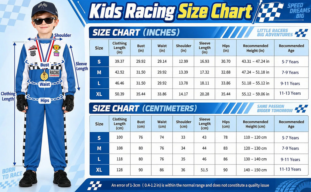 The blue kids racing costume size chart lists garment measurements and height guidance for S through XL.