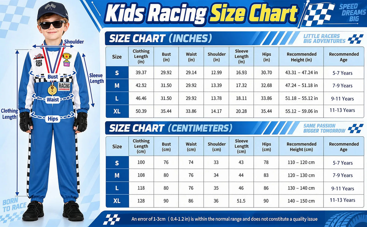 The blue kids racing costume size chart lists garment measurements and height guidance for S through XL.